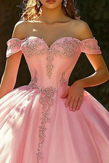 Ball Gown Pink Off the Shoulder Appliqued Princess Quinceanera Dress